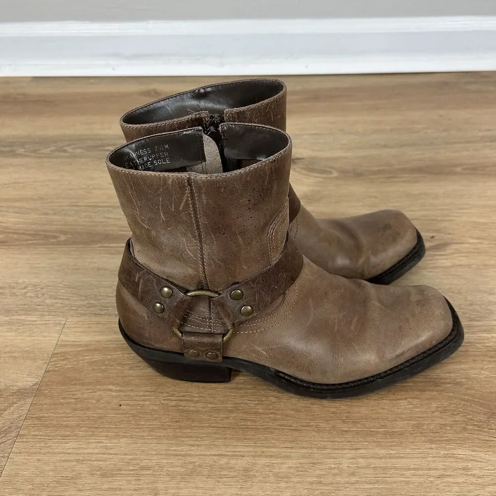 Brown Leather Harness Boots Size 7.5 Ankle Cowgirl Western Boho Square Toe